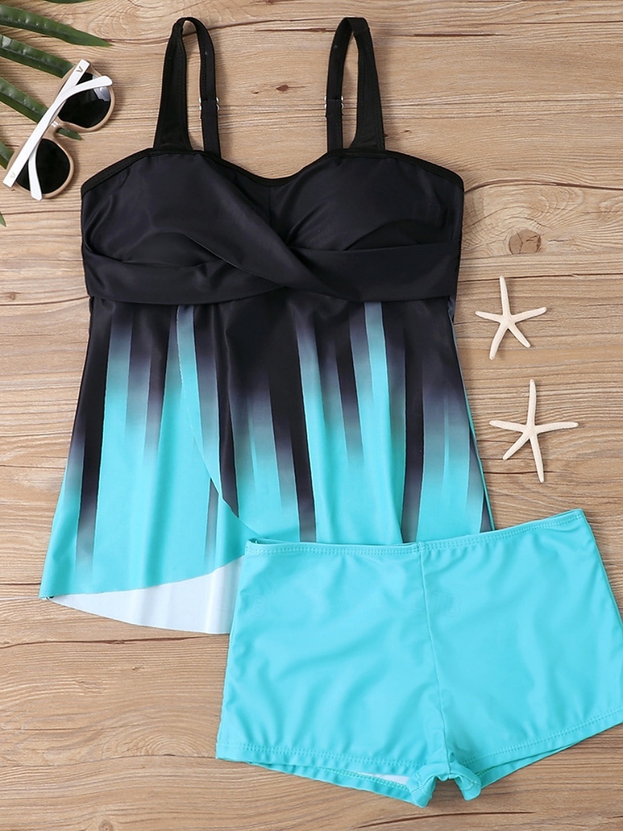 Damen Tankini 2-teilig Badeanzug Shorts Bauchkontrolle Hohe Taille Slim Rückenfrei Urlaub Strandbekleidung Ombre Gestreift V-Ausschnitt Ärmellose Badeanzüge 2026 - $19.99 –P2