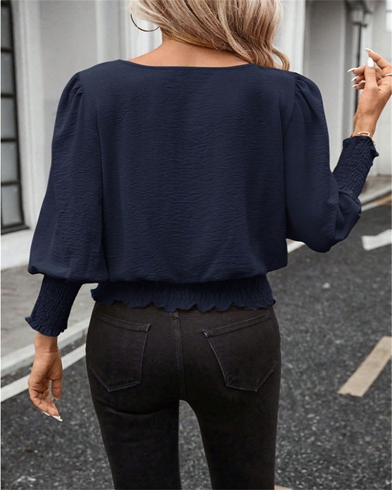 Per donna Blusa Top Eleganti Arricciato Patchwork Tinta unica Semplice Elegante Vintage Signore Manica Lunga Girocollo Top Regolari Quotidiano Lavoro Uscire Blu Nero Bianco Rosa Verde Estate Primavera del 2026 a $25.99 –P10