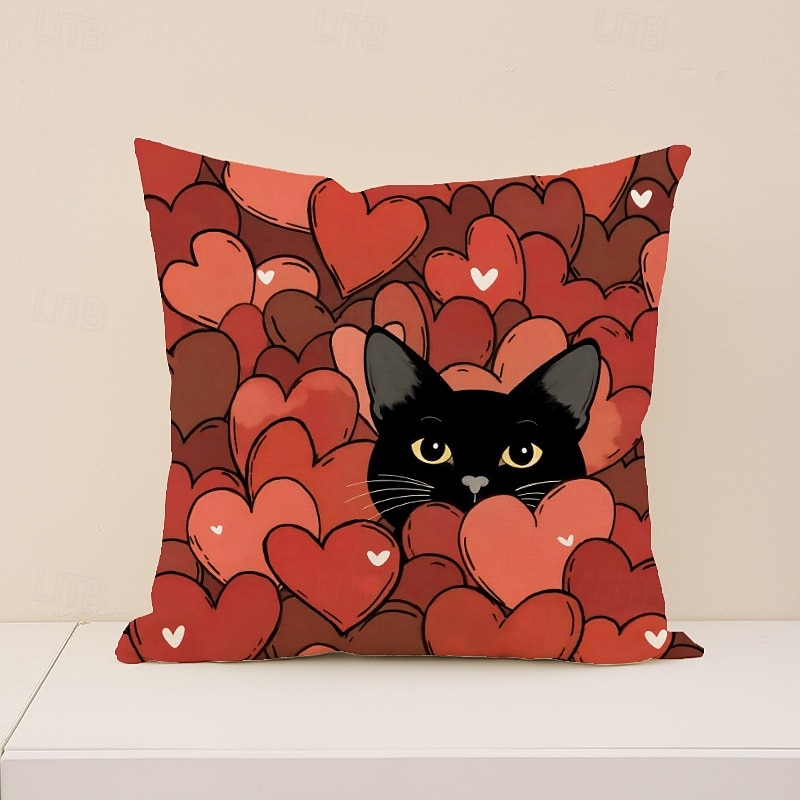 Ystävänpäivän kissakuvioinen tyynynpäällinen, sydänkuvioinen koristetyyny, täydellinen sohvalle, olohuoneeseen, makuuhuoneeseen, ihanteellinen romanttisen lomatunnelman luomiseen ja viihtyisään 2026 - $12.99 –P6