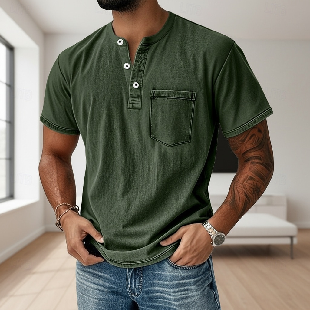 Men's Henley Shirt 100% Cotton Acid Wash Shirt T shirt Tee Short Sleeve Solid Retro Vintage Casual Vintage Style Washed Henley Casual Summer Spring Fall Black Pink Light Green Henley T-Shirt 2026 - $31.99 –P4