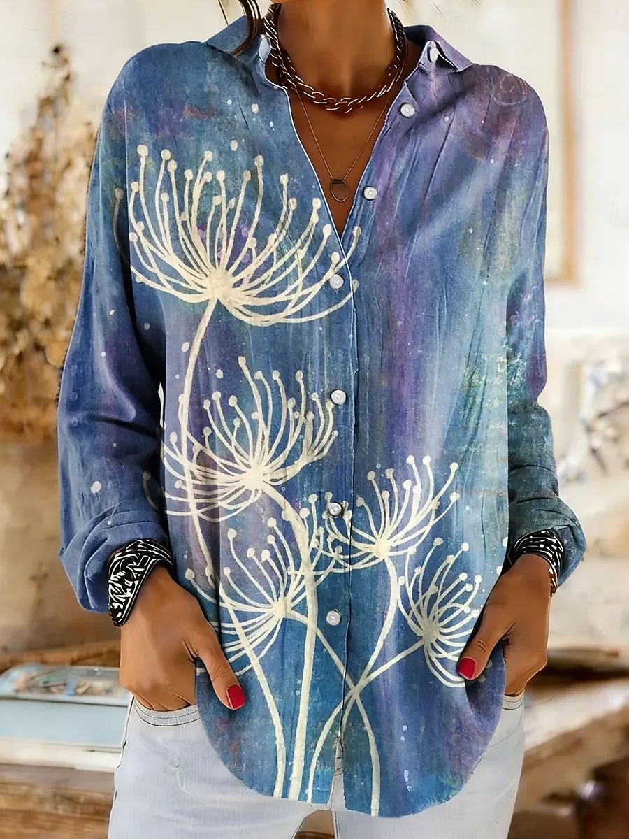 Женская рубашка из льняного материала воздухопроницаемая легкая градиентная цветочная графика элегантная винтажная тропическая с длинным рукавом с воротником обычные топы для повседневной носки принт 2026 - $36.99 –P1