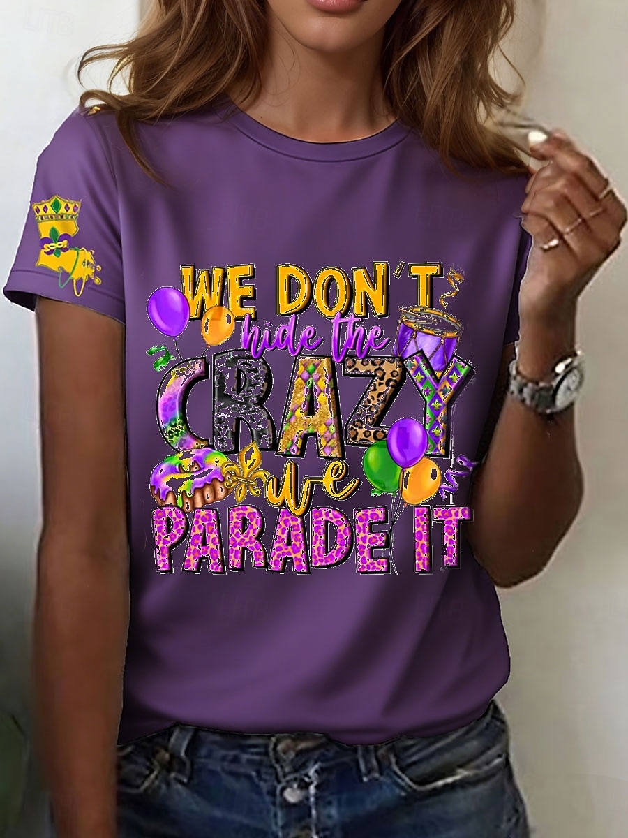 Mardi gras Női Póló Nyomtatott Grafika Szöveg Szüret Stílusos Klasszikus Rövid ujjú Terített nyak Normál felsők Napi Hétvége Fekete Fehér Bíbor Nyár Tavasz 2026 - $22.99 –P2