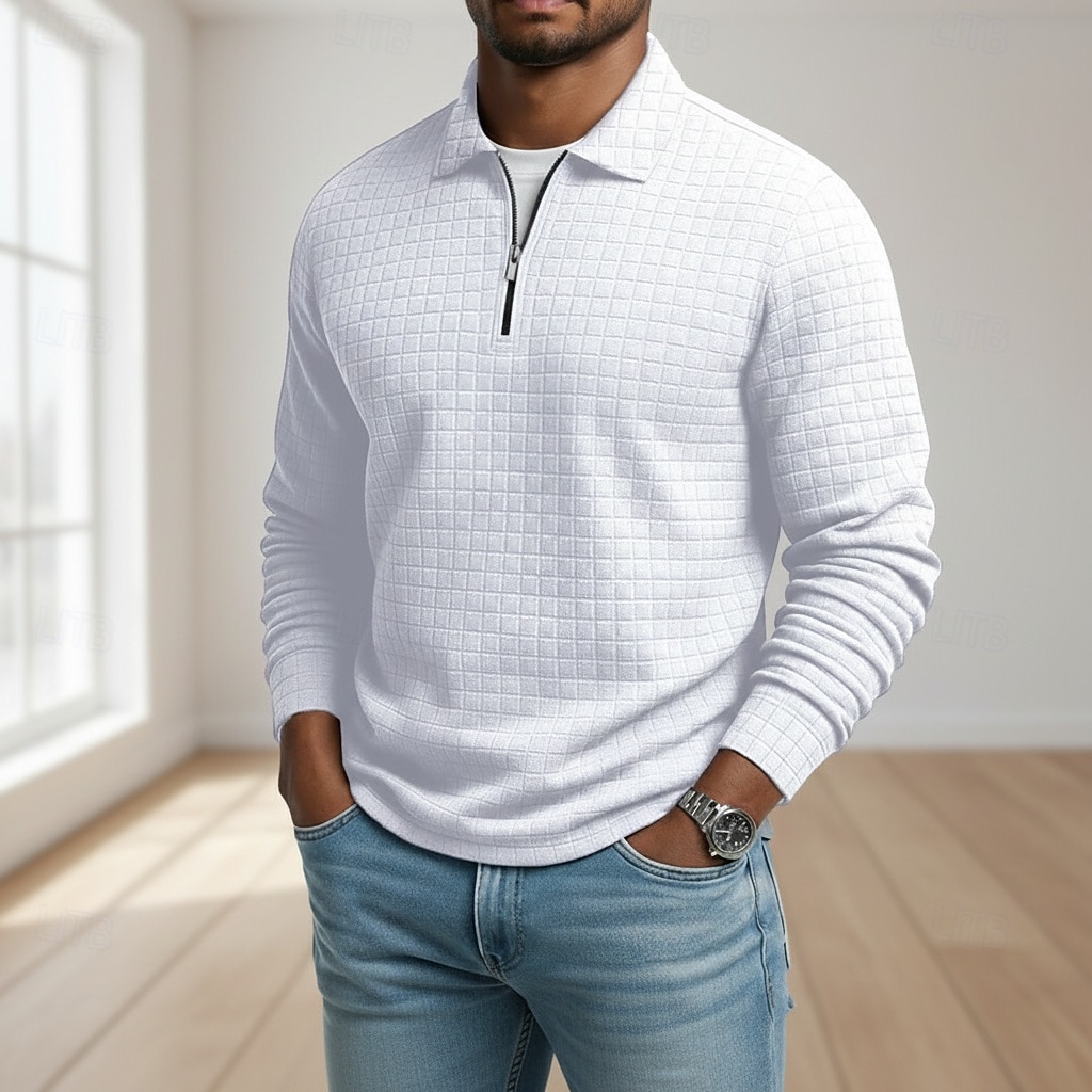 Homens Camisas Polo Waffle Textura Casual Ao ar livre Com Zíper Quarter Zip Manga Longa Moda Moderno Côr Sólida Textura Zip Up Primavera & Outono Todas as Estações Normal Preto Branco Vinho Azul de 2026 por $18.99 –P7