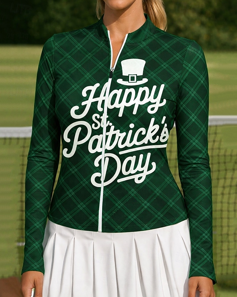 São Patrício Mulheres Camisa de treino Camisa de tênis Fashion Estampado Proteção UV Elástico Tênis Pickleball Corrida Blusas Verde Roupas de tênis de 2026 por $20.99 –P1