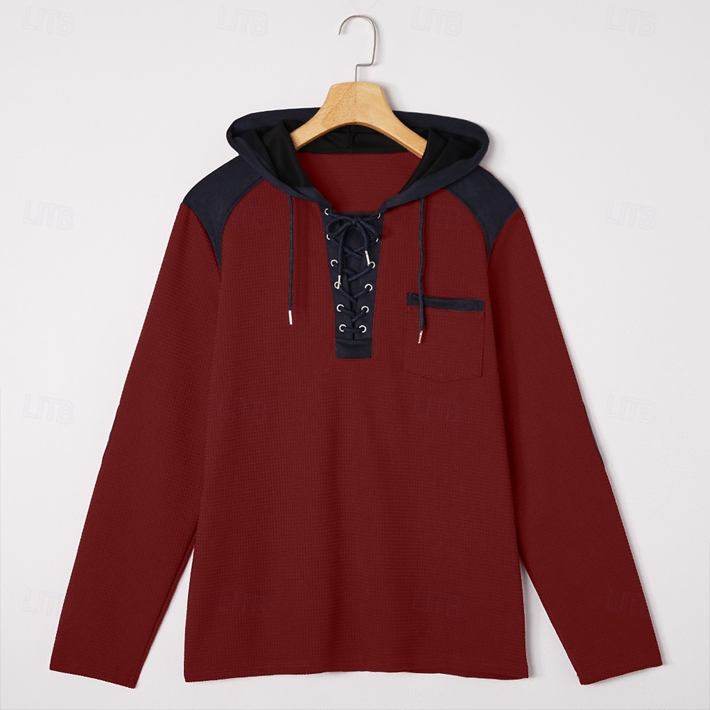 Homens Camiseta Waffle Camisa Waffle Henley Camisas masculinas com reforço nos cotovelos Manga Longa Com Capuz Primavera & Outono Côr Sólida Moda Com Cordão Bolsos Patchwork Casual Ao ar livre Festa de 2026 por $28.99 –P7
