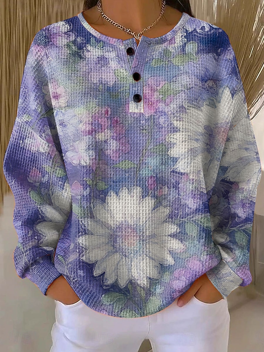 Women's Pullover Sweatshirt Buttons Print Floral Graphic Vintage Casual Long Sleeve Crew Neck Regular Tops Casual Street Dailywear Blue Yellow Pink Purple Spring Fall Winter 2026 - $28.99 –P4