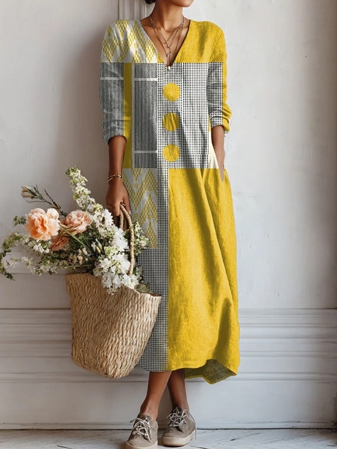 Γυναικείο Midi Φόρεμα Λινό Όπως Αναπνεύσιμο Ελαφρύ Καλοκαιρινό Φόρεμα Shift Casual Πάρτι Διακοπές Χαλαρή Εφαρμογή Γεωμετρικό Μακρύ Μανίκι V Λαιμός Κίτρινο Ροζ Ανοιχτό Καφέ Καλοκαίρι Άνοιξη 2026 - $41.99 –P2