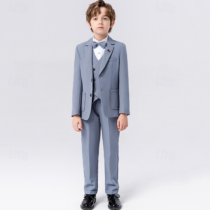 Costume 5 pièces pour garçon d'honneur, avec blazer. &gilet & pantalon  &Costume garçon avec cravate, tenue décontractée pour les fêtes en extérieur, style basique, bleu, beige, gris, polyester de 2026 ? $57.99 –P5