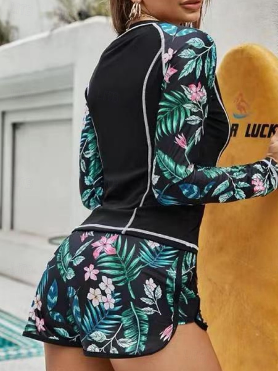 2026年 ウィメンズ タンキニ 2ピース 水着 パーム ラッシュ ガード ショート タミー コントロール ハイウエスト スリム バックレス バケーション ビーチ ウェア フローラル ラウンド ネック ロングスリーブ 水着  コレクション – $29.99 –P9