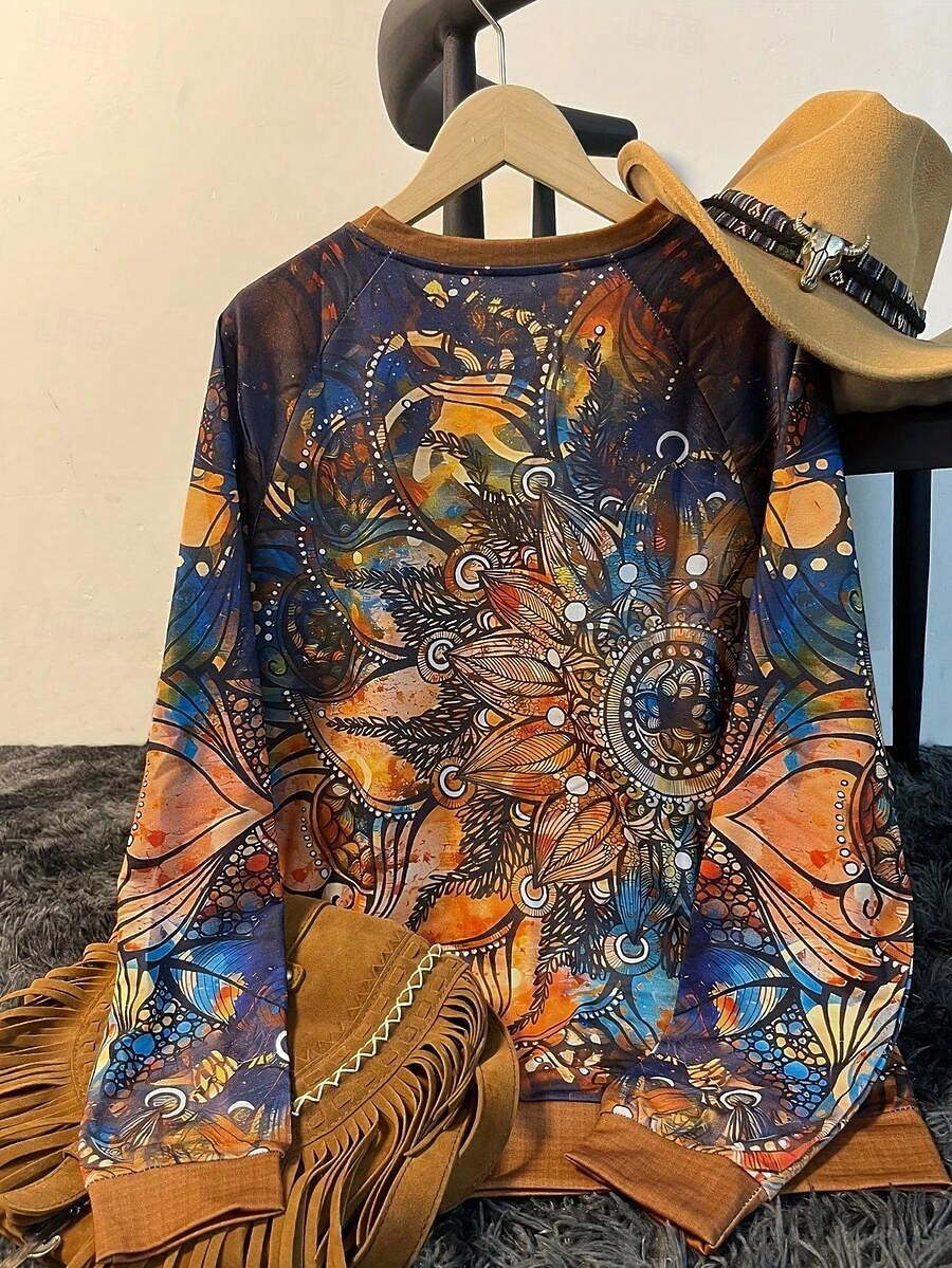 2026年 女性用 プルオーバースウェットシャツ プリント グラフィック トライバル ファッション カジュアル 長袖 クルーネック レギュラートップス ストリート 日常着 ブラウン 秋 冬  コレクション – $27.99 –P2