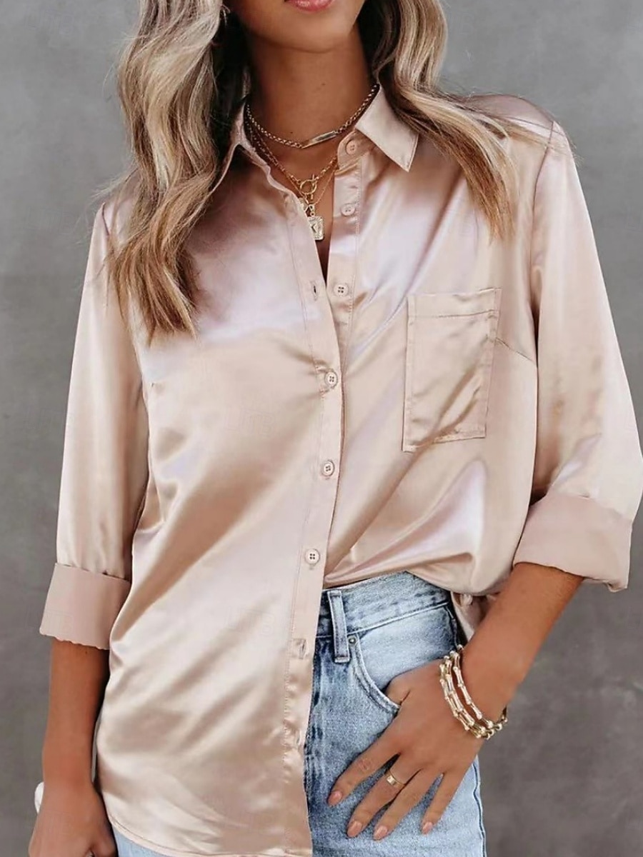 Mulheres Blusa Botões Côr Sólida Elegante Diário à moda Manga Longa Colarinho de Camisa Tops regulares Diário Azul Preto Branco Vinho Bege Verão Outono de 2026 por $24.99 –P5