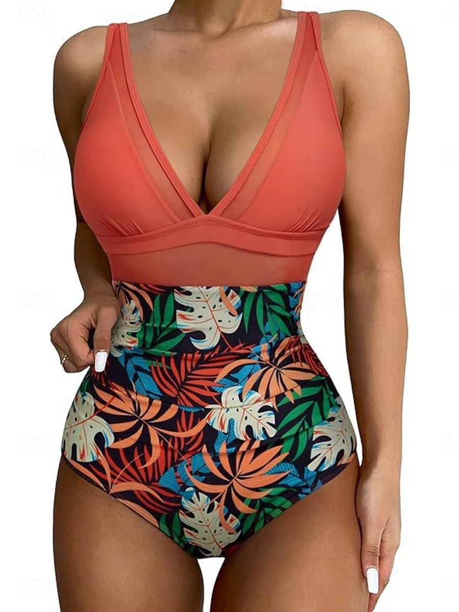 نسائي ملابس السباحة قطعة واحدة ملابس البحر ملابس السباحة شبكة بنطلون رياضي للبطن عالي الخصر ضعيف بدون ظهر العطلة ملابس الشاطئ جلد نمر أوراق V رقبة بدون كم بدلة سباحة 2026 - $21.99 –P9