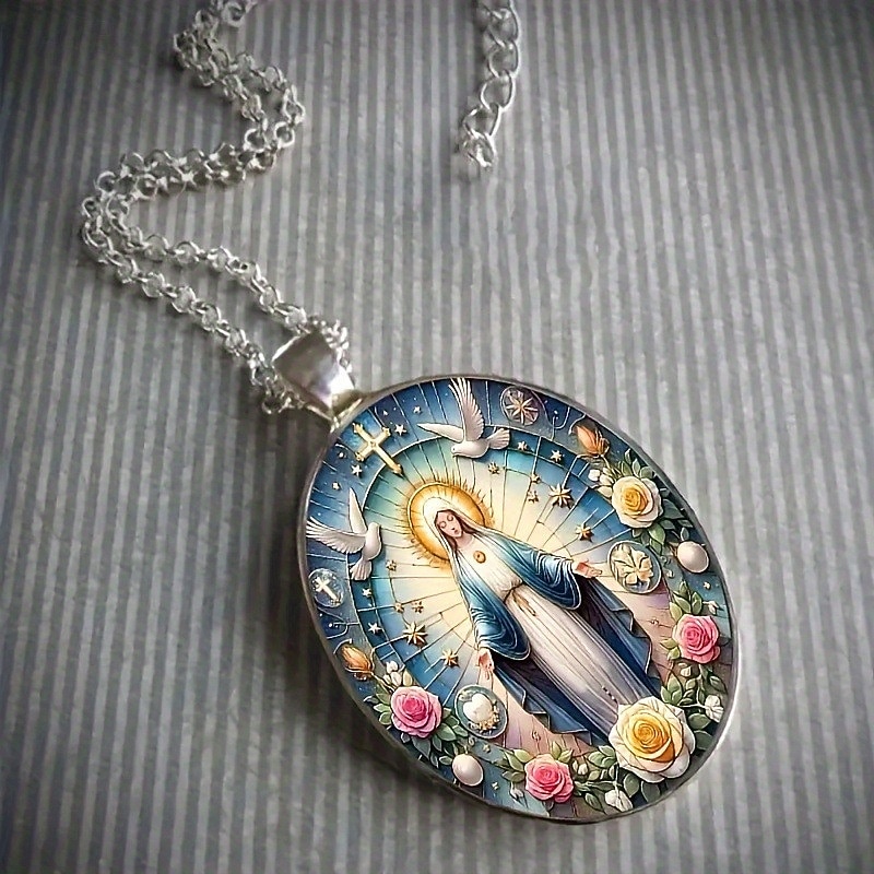 Jomfru Maria katolsk anhengskjede, religiøs kristen medalje med duer, kors og roser, åndelig smykkegave til kvinner 2026 - $9.99 –P4