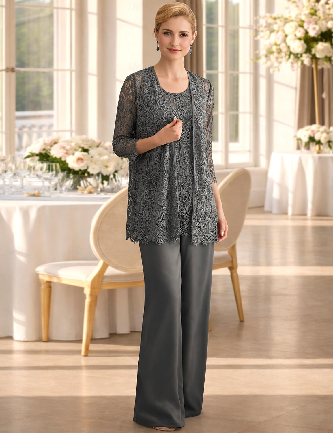 Tuta Completo Pantalone Tre Pezzi Lunghezza al pavimento Abito da cerimonia per signora Senza Maniche Collo gioiello Elegante Taglie Forti Con Stola Formale Ospite di nozze Ricevimento di matrimonio del 2026 a $195.99 –P6