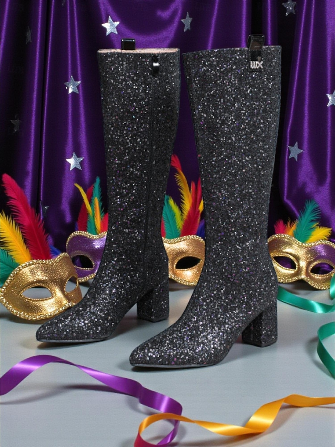 Kobiece różowe buty na kolano z brokatem i szerokimi obcasami – Iskrzące odważne oświadczenie mody idealne na karnawał festiwale i imprezy kostiumowe 2026 - $69.99 –P2