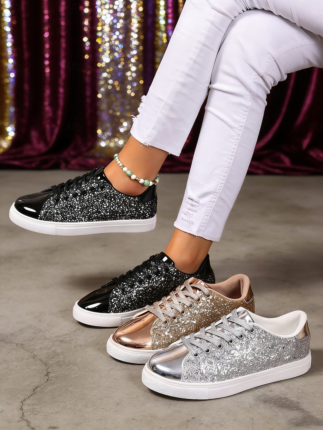 2026年 ウィメンズ・マルディグラ・ゴールドグリッターのスパークリースニーカー、メタリックトーキャップ付き – カーニバル、ニューイヤーズイブ  カジュアルグラム用のブリングレースアップフラットシューズ  コレクション – $34.99 –P4