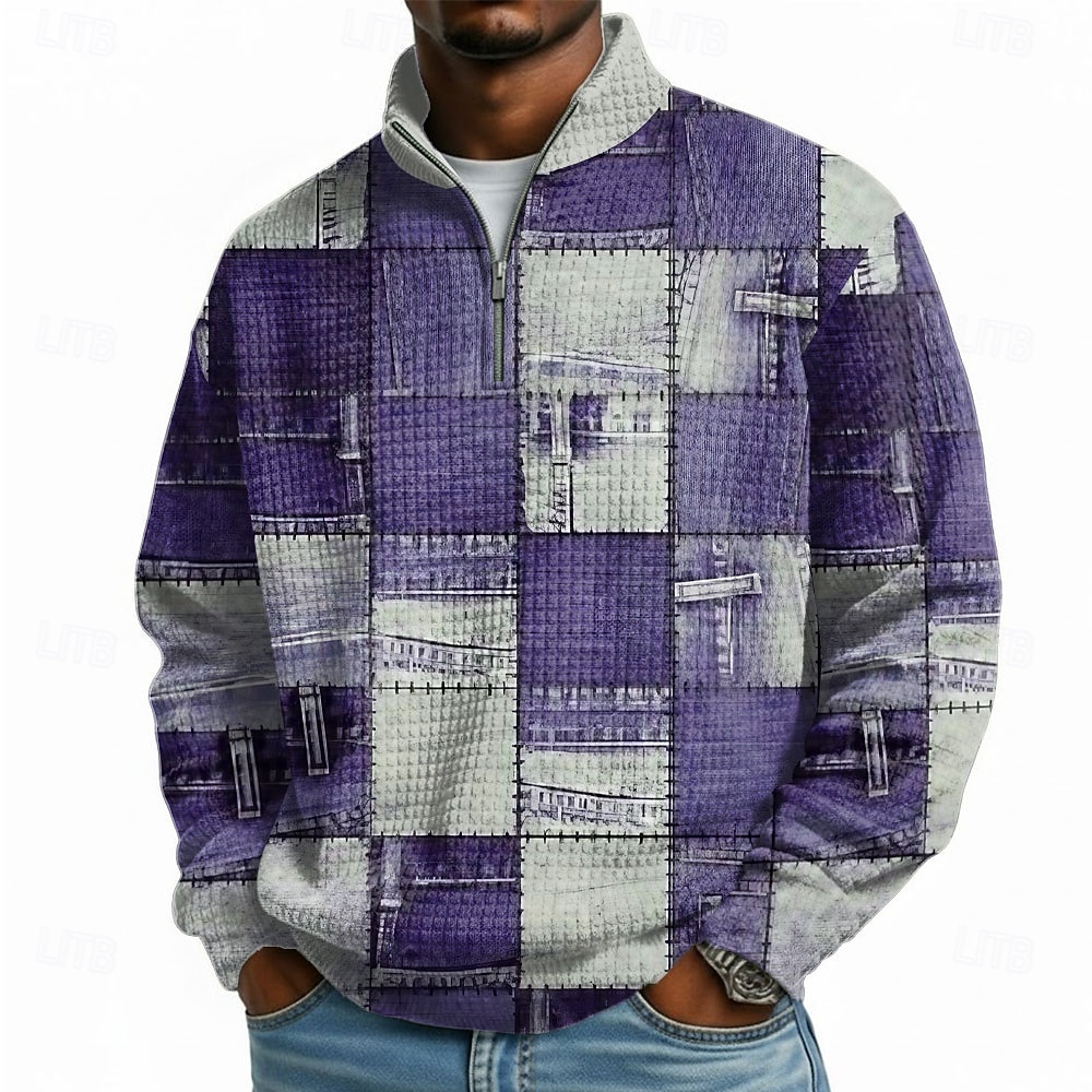 Homme Plaid Gauffré Sweatshirt Mode Quotidien Classique Occasionnel Col montant Zip quart Maison Extérieur Bureau Travail Bleu Bleu Clair Violet Marron Gris Zip Up Automne Hiver Designer S M L XL XXL de 2026 ? $32.99 –P4