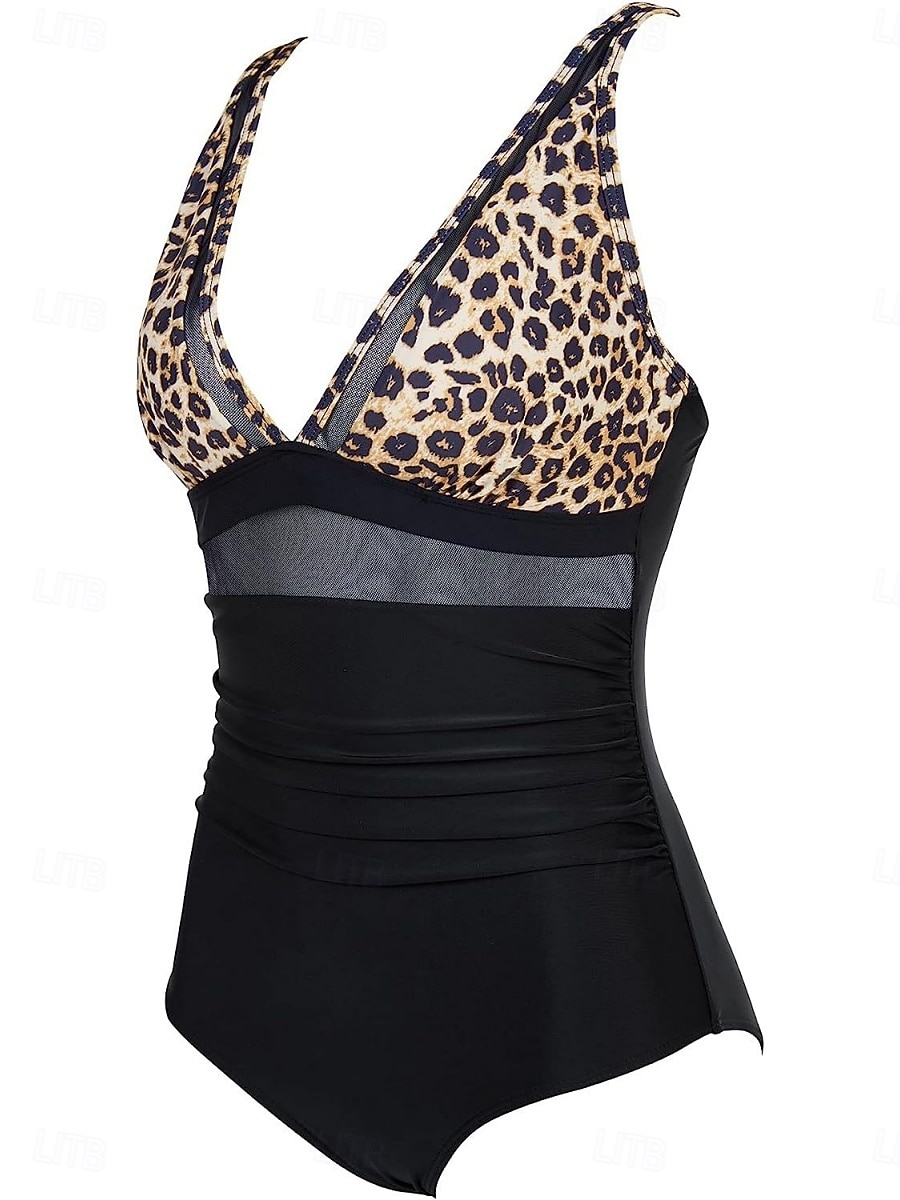 نسائي ملابس السباحة قطعة واحدة ملابس البحر ملابس السباحة شبكة بنطلون رياضي للبطن عالي الخصر ضعيف بدون ظهر العطلة ملابس الشاطئ جلد نمر أوراق V رقبة بدون كم بدلة سباحة 2026 - $21.99 –P2