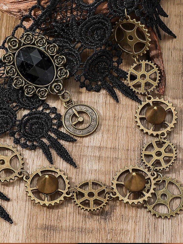 2026年 ウィメンズ マルディグラ ブラック レース スチームパンク チョーカーネックレスとブレスレットセット - ゴシックコスプレ、カーニバル、ハロウィンコスチューム用の合金ギアと時計ペンダント  コレクション – $18.99 –P7