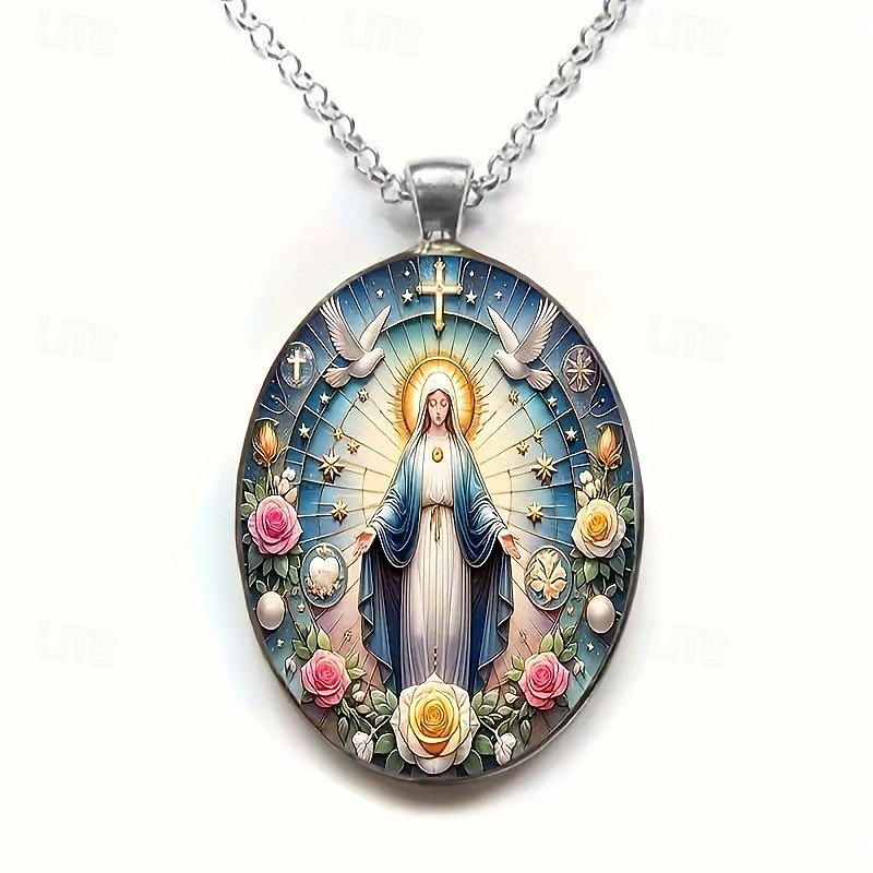 Jomfru Maria katolsk anhengskjede, religiøs kristen medalje med duer, kors og roser, åndelig smykkegave til kvinner 2026 - $9.99 –P3