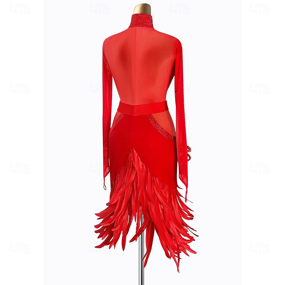 Λαμπερό κόκκινο γυναικείο φόρεμα λάτιν χορού - μακριά μανίκια από πλέγμα, ψεύτικη λαιμόκοψη με στρας &μπούστο, φούστα με φτερά, περιλαμβάνει μανσέτες καρπού και φόρεμα ρούμπα σάλσα 2026 - $303.89 –P2