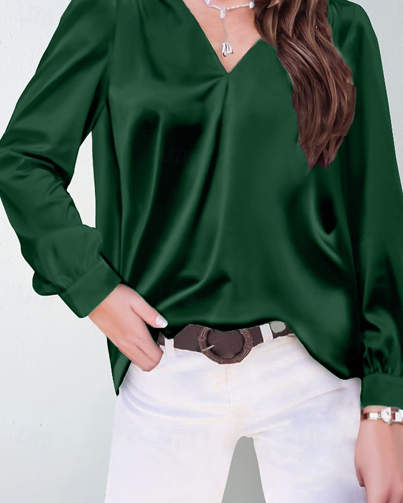 Women's Shirt Elegant Satin Top Blouse Ruched Plain Vintage Stylish Long Sleeve V Neck Regular Tops Holiday Going out Black White Wine Apricot Summer Spring 2026 - E£1572.44 –P9