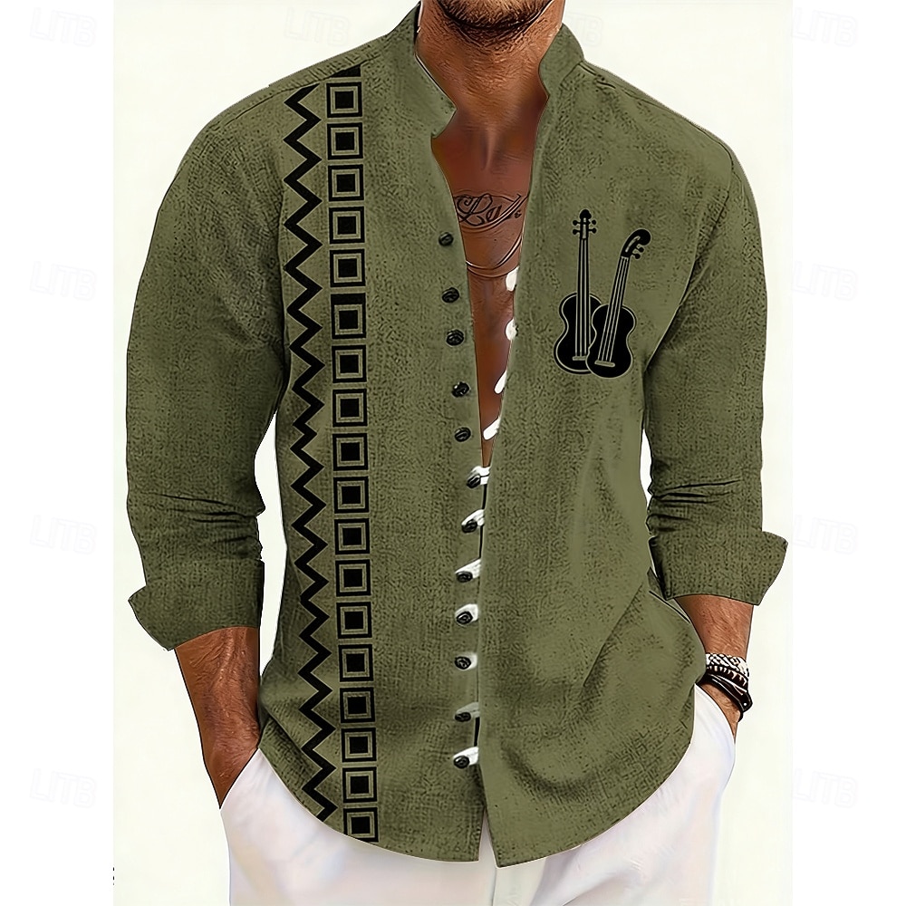 Men's Geometric Pattern Guitar Musical Instrument Shirt Stand Collar Shirt Long Sleeve Vintage Retro Casual Vacation Spring Fall Mandarin Collar Band Collar Button-Down Linen Like Shirt Blue Orange 2026 - $27.99 –P3