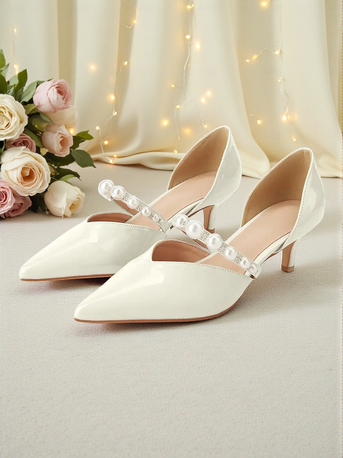 Zapatos de tacón bajo con tiras de perlas para mujer: elegantes zapatos de vestir de charol con punta puntiaguda para la madre de la novia, boda urbana chic. &ceremonia formal 2026 - $54.99 –P6