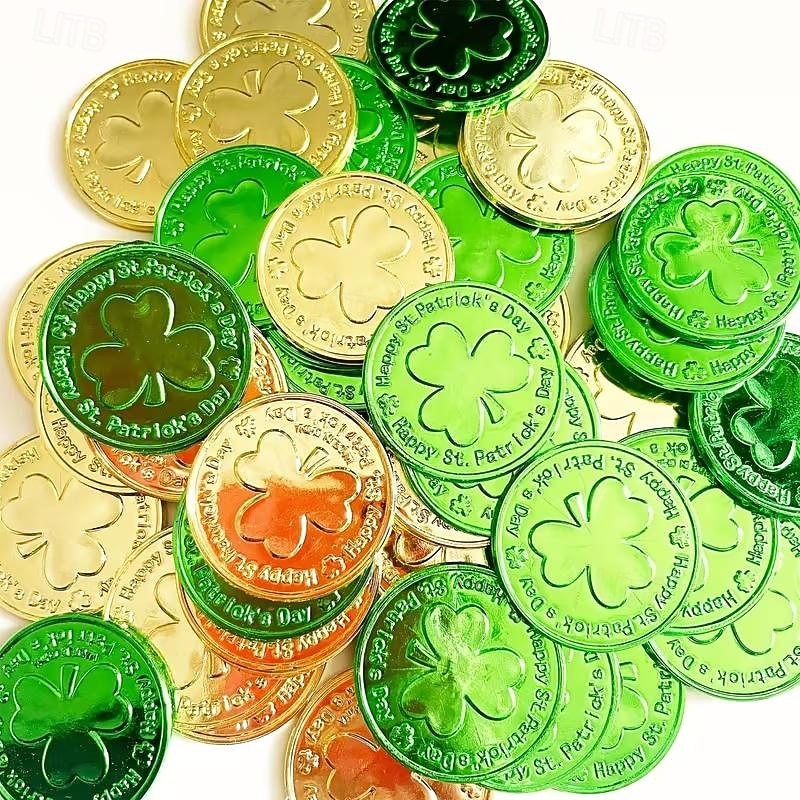 100 monedas de oro para el Día de San Patricio, monedas de la suerte de oro y verde, monedas de duende de trébol de plástico, moneda de trébol de 3 hojas para decoración de fiestas. 2026 - $19.99 –P8
