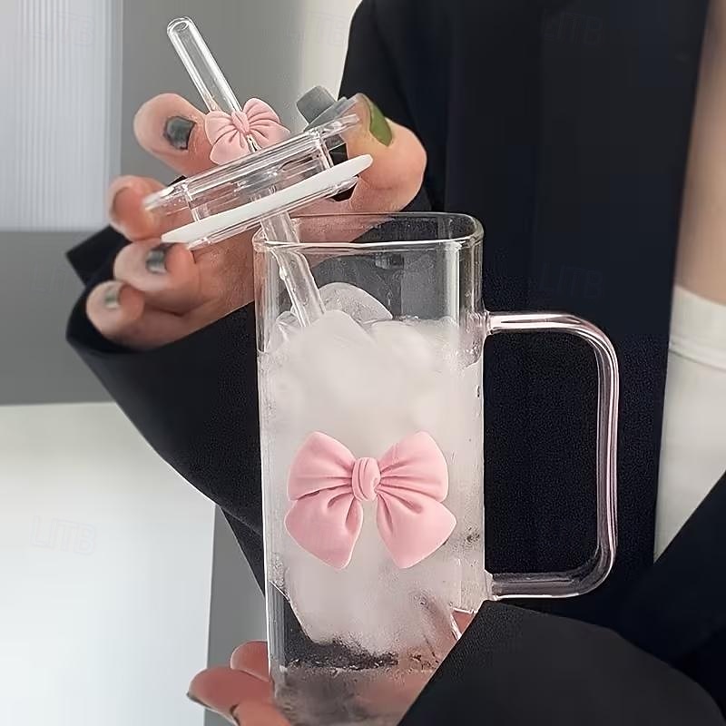 400 мл  14 унций стеклянная кружка с трубочкой и ручкой термостойкий прозрачный розовый дизайн с бантом многоразовая бутылка для воды для дома офиса поездок подарков ко Дню святого Валентина и 2026 - $11.99 –P6