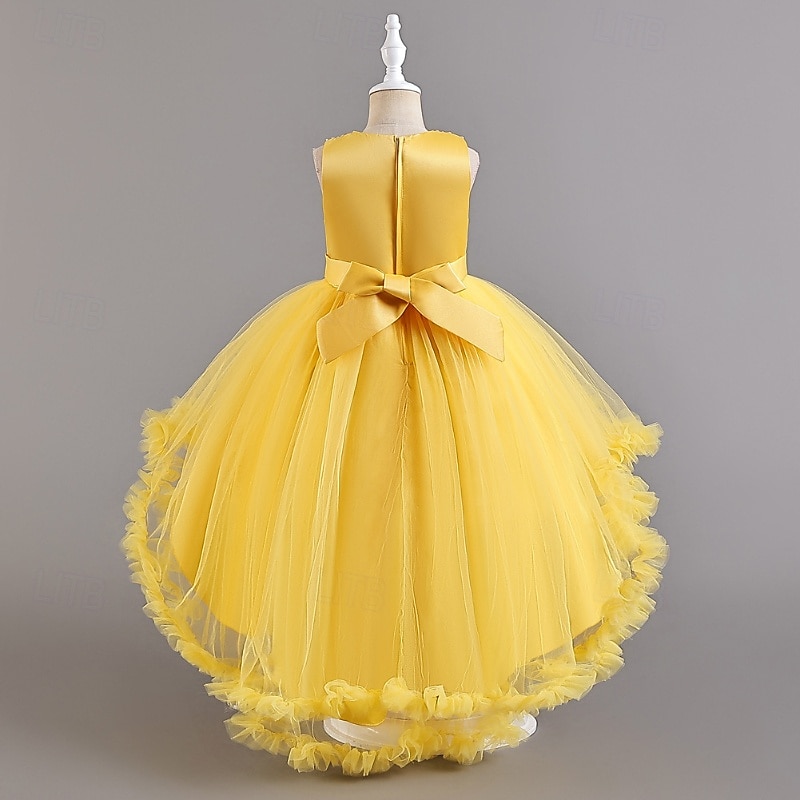 Bloemenmeisjesjurk, communiejurk, formele jurk voor meisjes, trouwkleding, feestkleding, formele mode voor bruiloften, schattige patchwork, mesh, effen kleur, mouwloos, ronde hals, geel, roze, 4 jaar 2026 - $51.99 –P12