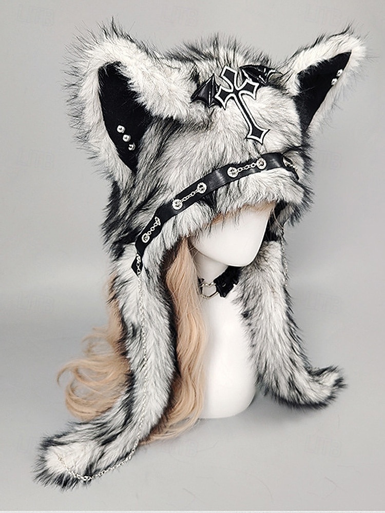 Dámská punková kožišinová čepice s kočkou na Mardi Gras v několika barvách trendy design s křížovými detaily perfektní pro karneval a maškarní plesy 2026 - $26.99 –P10