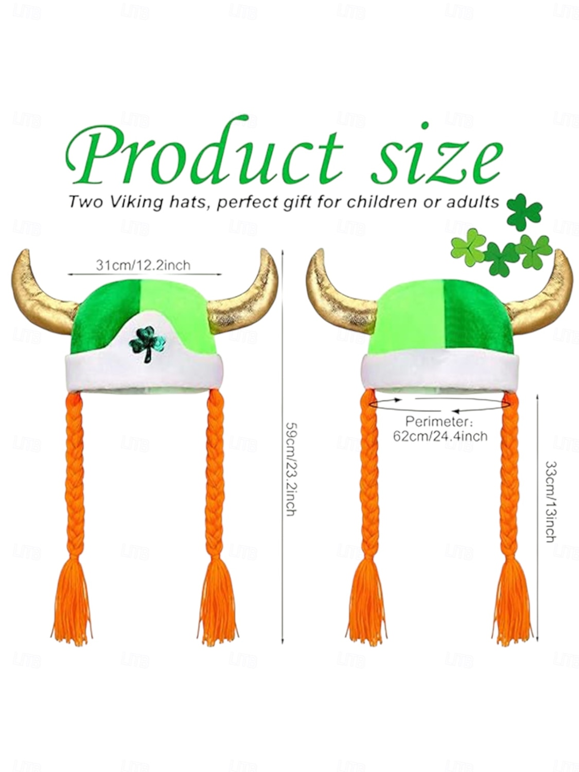 Vikingahatt för kvinnor med gyllene horn och flätat orange hår, grön shamrockhatt för irländska parader och festivaler &festkläder 2026 - $19.99 –P4