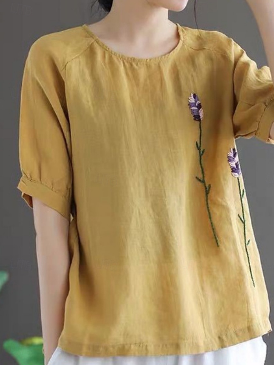 Per donna Blusa Finto cotone e lino Ricamato Tinta unica Elegante Casual Mezza Manica Girocollo Top Regolari Quotidiano Bianco Giallo Viola Estate Primavera del 2026 a $19.99 –P7