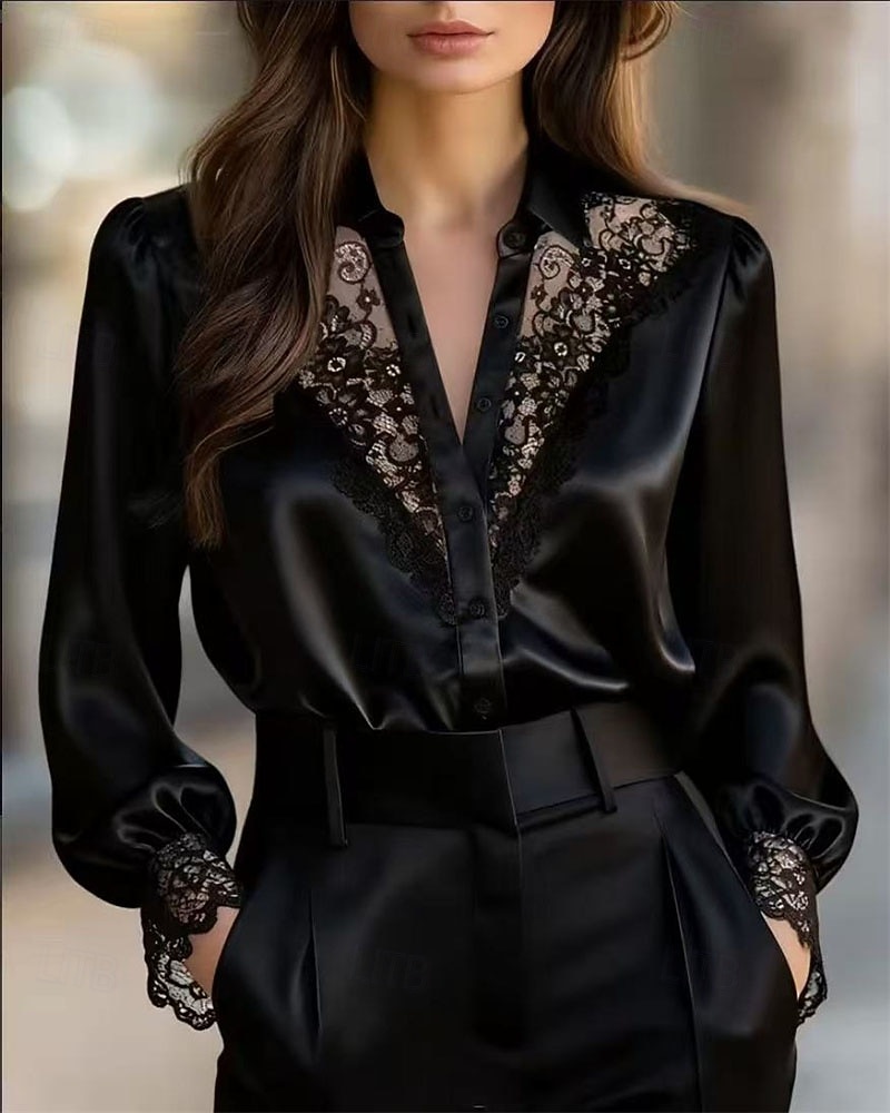 Women's Shirt Elegant Satin Top Blouse Ruched Lace Patchwork Plain Elegant Vintage Daily Long Sleeve Puff Sleeve V Neck Regular Tops Daily Work Holiday Black White Fall Winter 2026 - $31.99 –P1