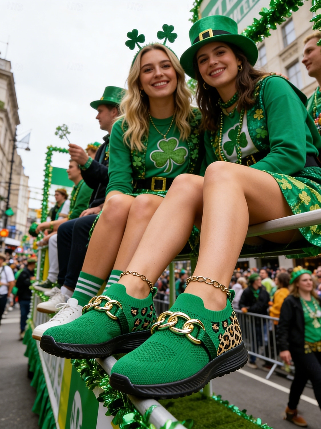 Grønne strikkede damesneakers med leoparddetaljer til St. Patricks dag – moteriktig kjededetalj, komfortabel og trendy, perfekt for parader og uformelle festligheter 2026 - $32.99 –P1
