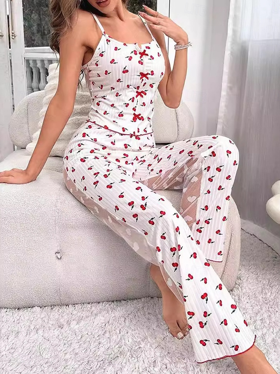 Dames Pyjamaset Geliefden Sexy Casual Lip Gestipt Elastische taille Singlet Pantalon Dagelijks Huis Mouwloos hihnat Zwart Wit Rood Zomer Lente Strak 2026 - $19.99 –P2