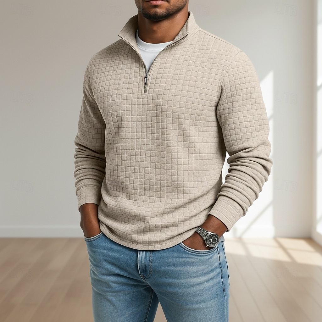 Муж. Вафельный тройник Футболка Футболка с четвертью молнией Длинный рукав Воротник-стойка Осень Зима Весна & осень Сплошной цвет Клетчатый Вязаная одежда Повседневные На каждый день Застегнуться 2026 - $22.99 –P7