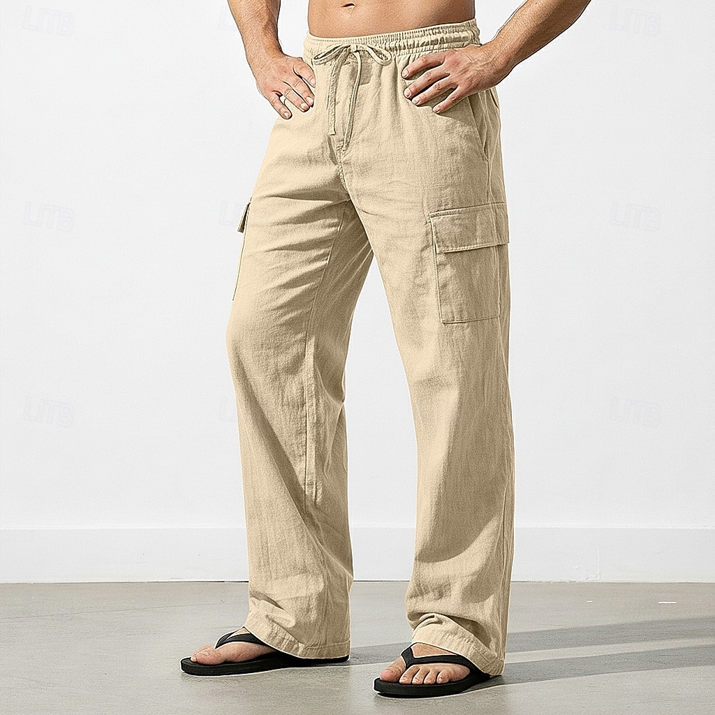 Men's Cargo Pants Linen Pants Trousers Summer Pants Drawstring Elastic Waist Multi Pocket Plain Comfort Breathable Full Length Casual Daily Holiday Vacation Fashion Black White Inelastic 2026 - $28.99 –P10