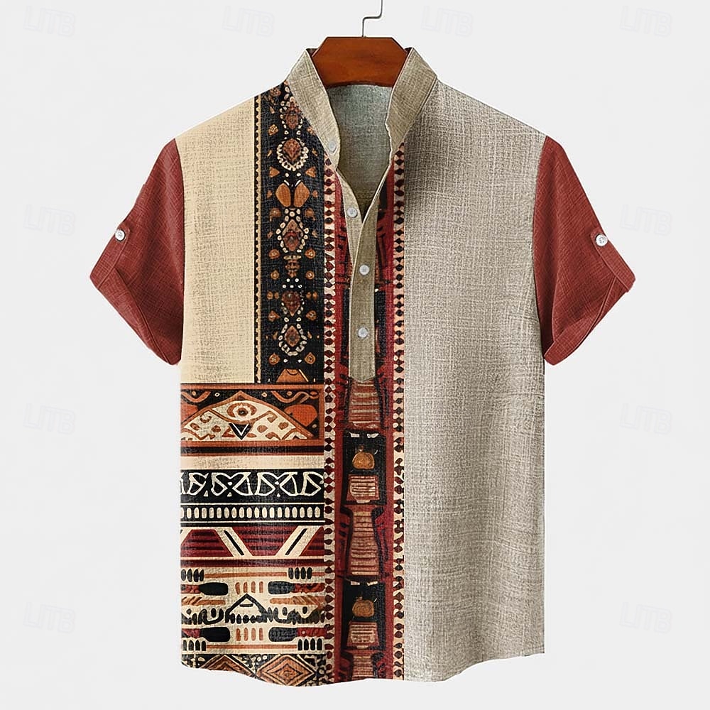 Pánské Barevné bloky Etno Etický / Afričan Košile Košile s knoflíkem Krátký rukáv Vintage Retro Dovolená Běžné / Denní Léto Jaro Stojáček Henley Collar 3D tisk Len jako košile Khaki Černá 2026 - $25.99 –P1