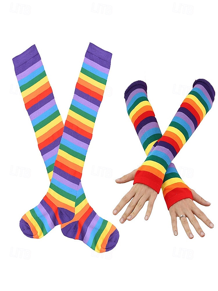 Ensembles de chaussettes et gants à rayures montantes Mardi Gras pour femmes plusieurs couleurs design amusant et coloré parfaits pour le carnaval et les bals masqués de 2026 ? $11.99 –P7