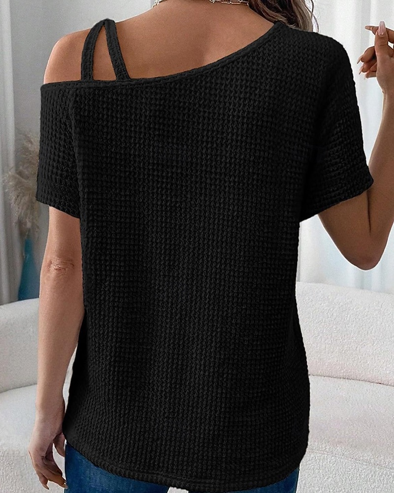 Mujer Camiseta Color sólido Vintage Elegante Manga Corta Cuello asimétrico Tops regulares Diario Noche Fin de semana Negro Blanco Rosa Caqui Verano Primavera 2026 - $25.99 –P6