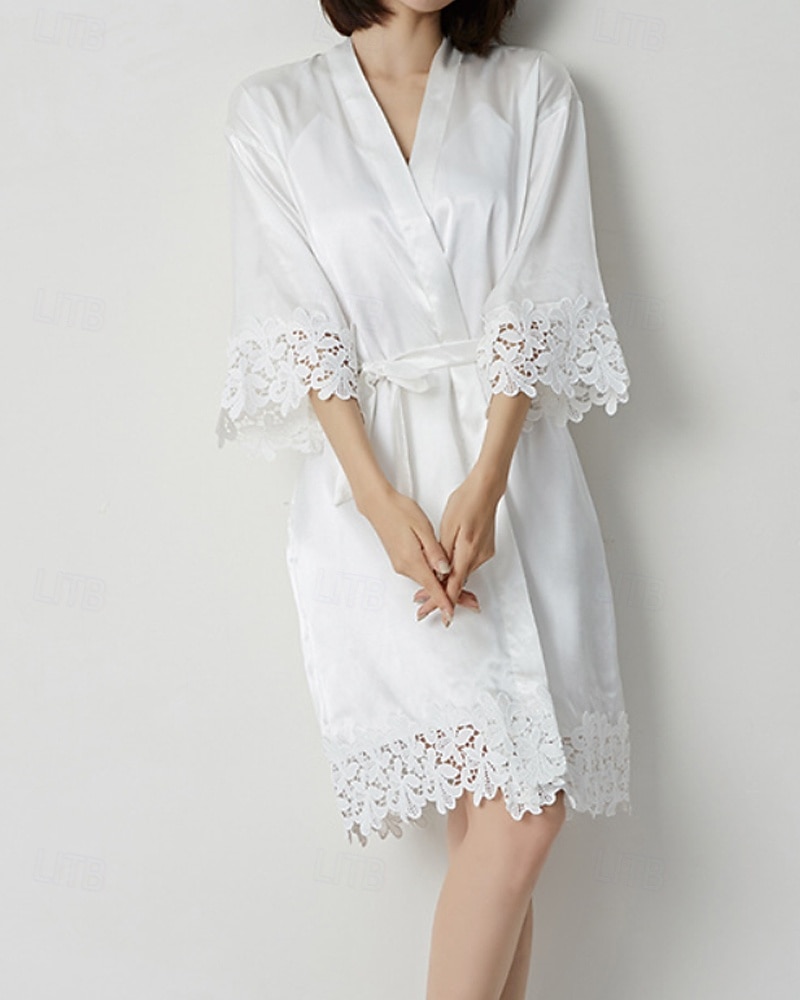 Women's Robe Casual Soft Satin Pure Color Lace Daily Home Bed Half Sleeve V Neck White Champagne Pink Wine Summer Loose Fit 2026 - $23.99 –P4