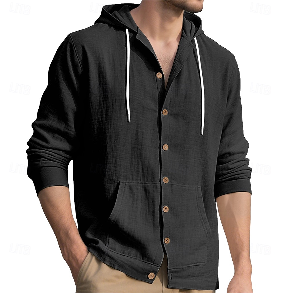 Men's Shirt Linen Shirt Summer Shirt Beach Wear Hooded Shirt Solid Color Vacation Street Black White Yellow Navy Blue Long Sleeve Shirt Collar Summer Spring Clothing Apparel Pocket 2026 - $24.99 –P12