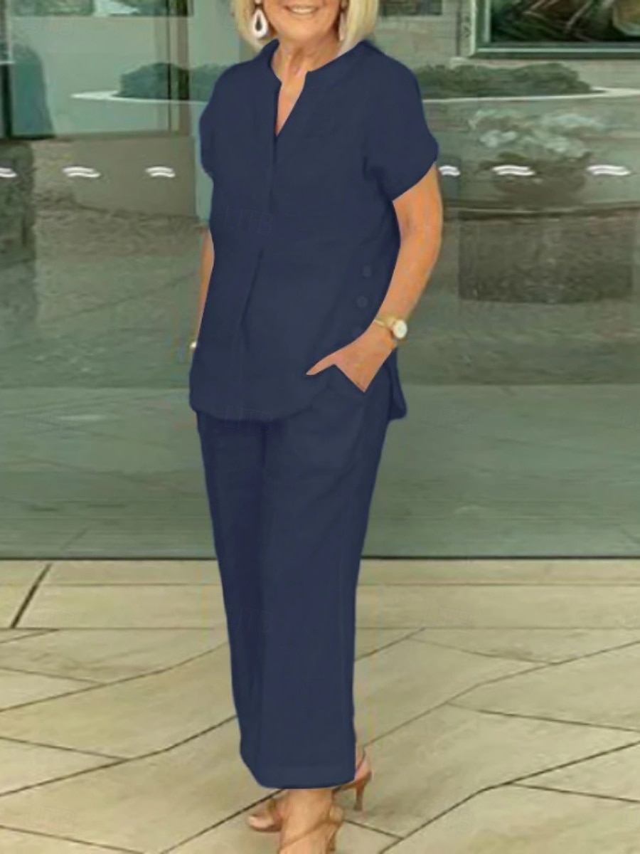 Damen Kunstbaumwollleinen Kurzarm V Ausschnitt Einfach Mode Streetwear Täglich Lässig Täglich Blau Marineblau Purpur Sommer Normale Passform 2026 - $41.99 –P7