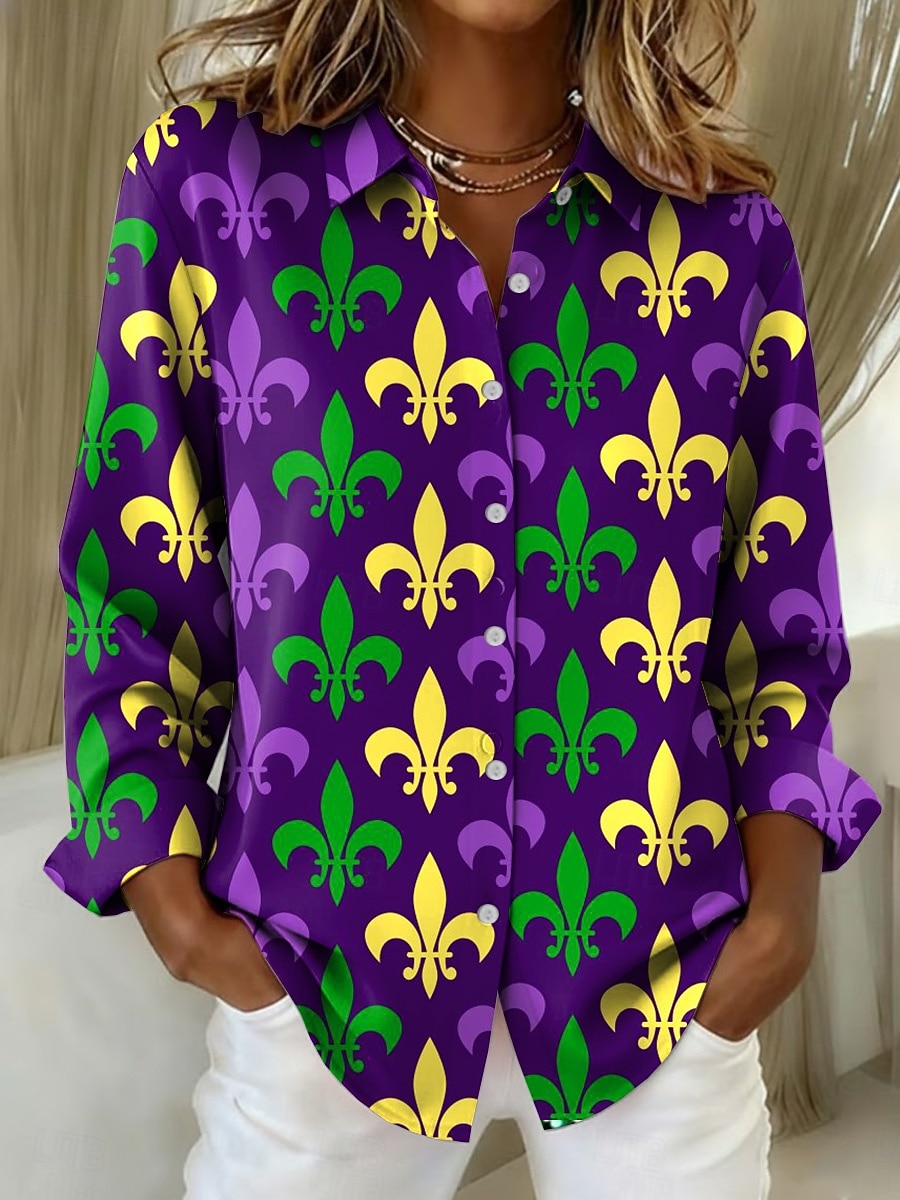 Karnival Damen Hemd Bluse Patchwork Knöpfe Druck Grafik Abstrakt Vintage Stilvoll Lässig Langarm V Ausschnitt Hemdkragen Normale Oberteile Täglich Schwarz Violett Purpur Grün Sommer Frühling Herbst 2026 - $32.99 –P4