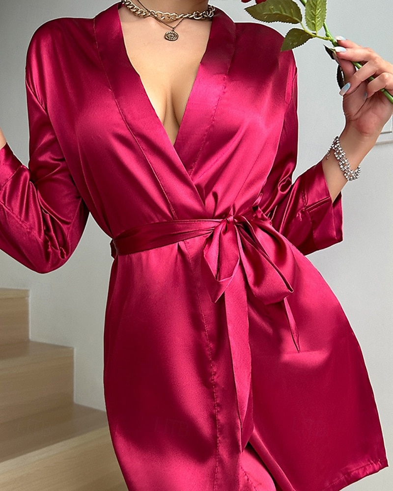 Per donna Camicia da Notte Casual Morbido Raso Colore Puro Allacciato Quotidiano Casa Da letto Manica Lunga Scollo a V Nero Bianco Champagne Rosa Rosso Estate Vestibilità comoda del 2026 a $22.99 –P4