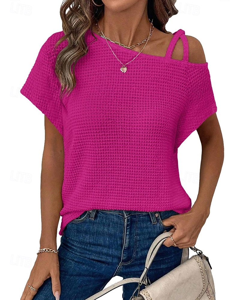 Mujer Camiseta Color sólido Vintage Elegante Manga Corta Cuello asimétrico Tops regulares Diario Noche Fin de semana Negro Blanco Rosa Caqui Verano Primavera 2026 - $25.99 –P16