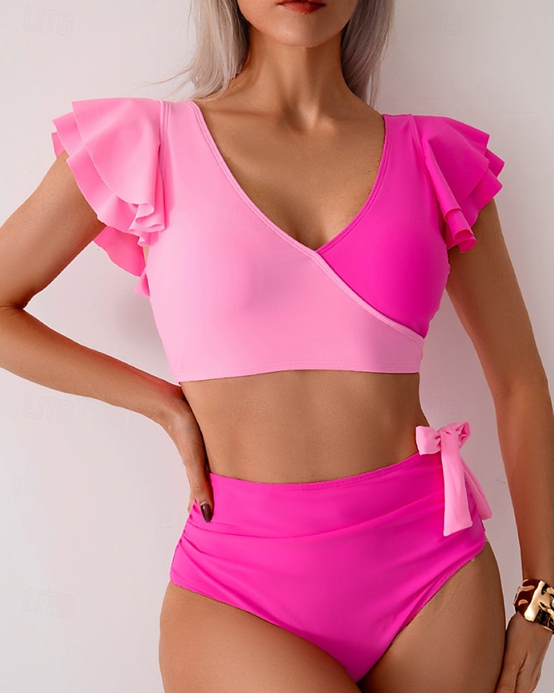 Γυναικεία Μαγιό 2 κομμάτι Προκλητικό Μαγιό Σουρωτά Κουρελού Εξώπλατο Διακοπές Ρούχα παραλίας Συνδυασμός Χρωμάτων Λαιμόκοψη V Αμάνικο Μαγιό 2026 - $25.99 –P7