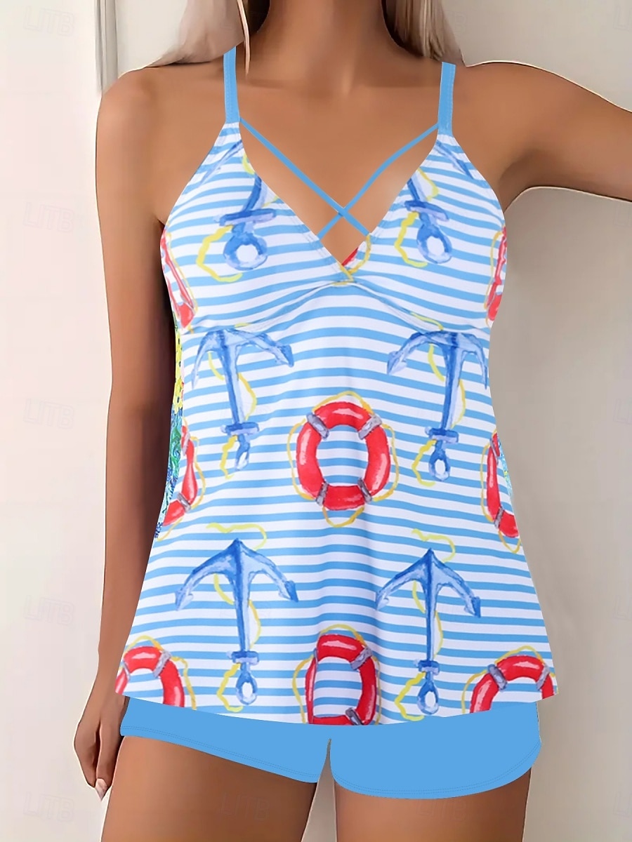 Тtankini для женщин 2 предмета купальник шорты контроль живота высокая талия,Slim без спины отпуск пляжная одежда полоска геометрический V-образный вырез безрукавный купальник 2026 - $19.99 –P4